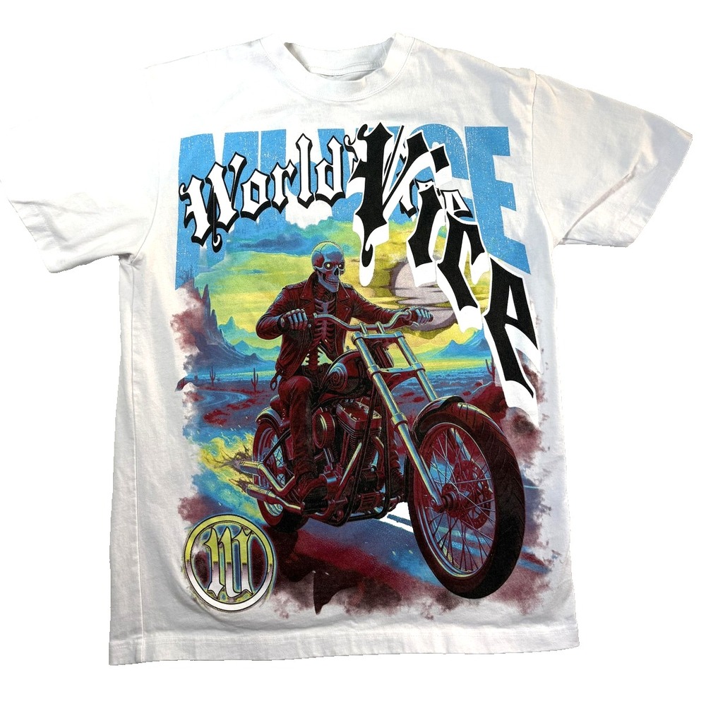 EVIL VICE Streetwear TShirt Mens M White Skeleton Motorcycle Biker AOP Y2K